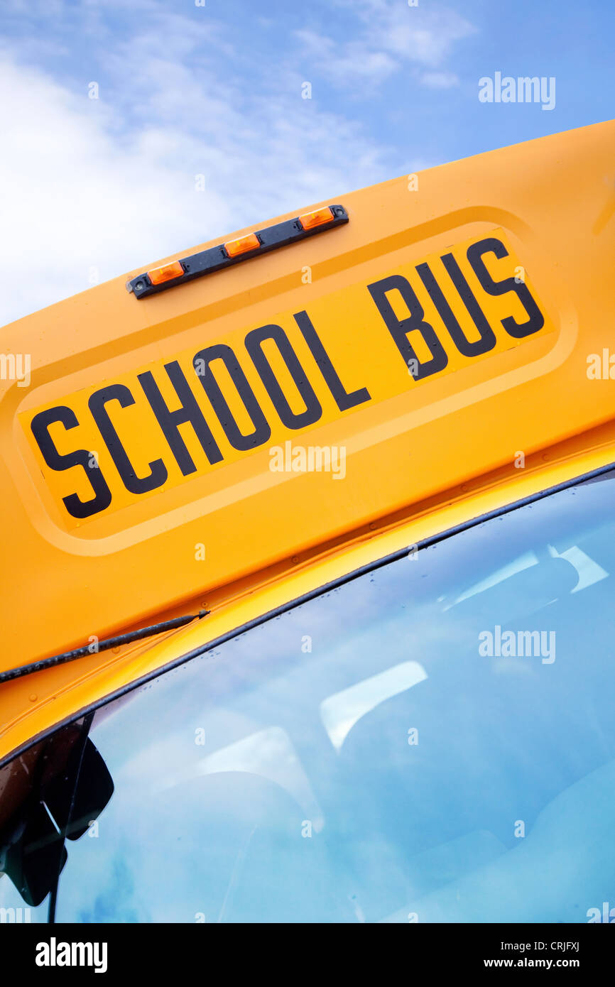 back side of a yellow school bus, USA Stock Photo