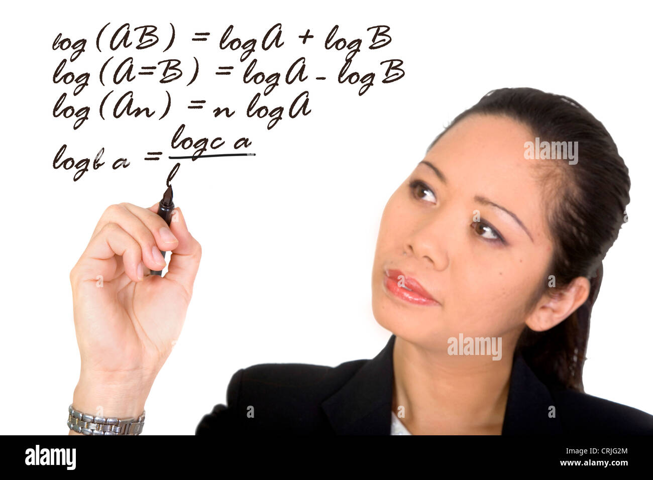 young asian business woman writing a mathematical calculation on the ...