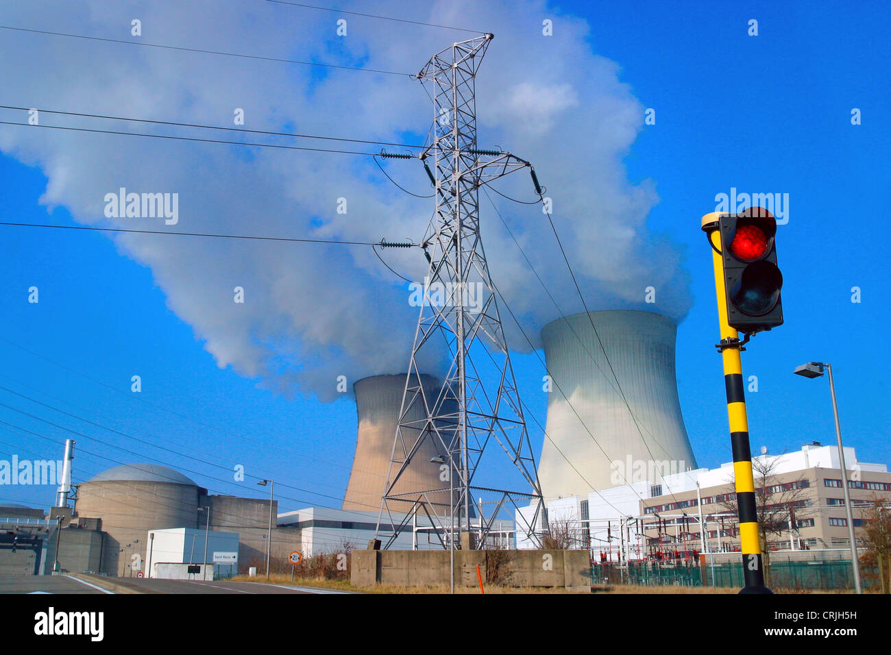 Nuclear Power station with red traffic light, Belgium, Flanders, Antwerp Stock Photo