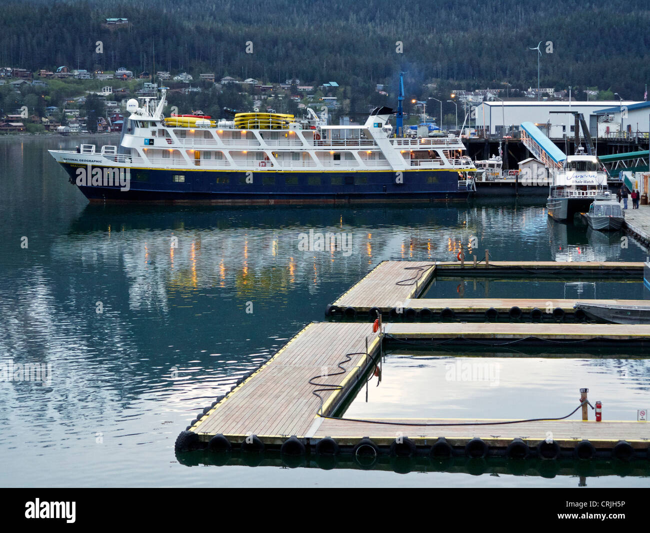 The small cruise ship National Geographic Sea Lion docked in Juneau Alaska. Stock Photo