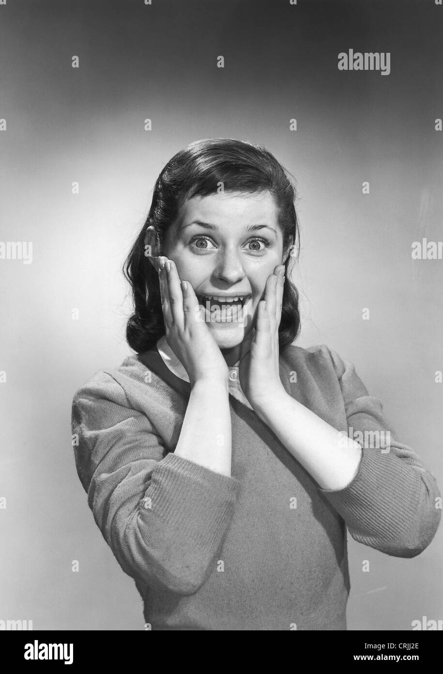 Vintage portrait of a teen girl looking surprised Stock Photo - Alamy