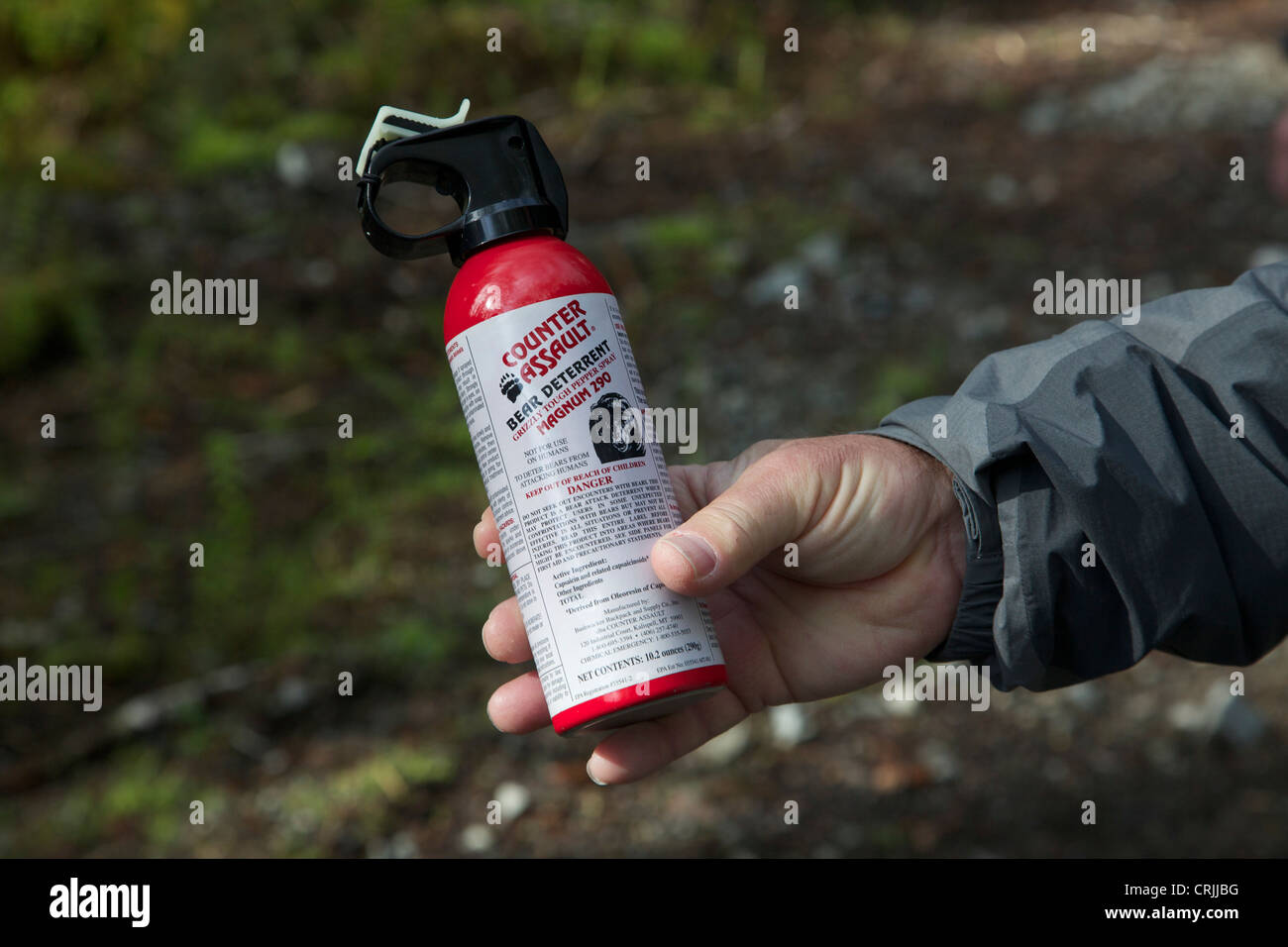 Counter Assault bear strength pepper spray. Near Sitkoh Bay, Chichagof Island, southeast Alaska. Stock Photo