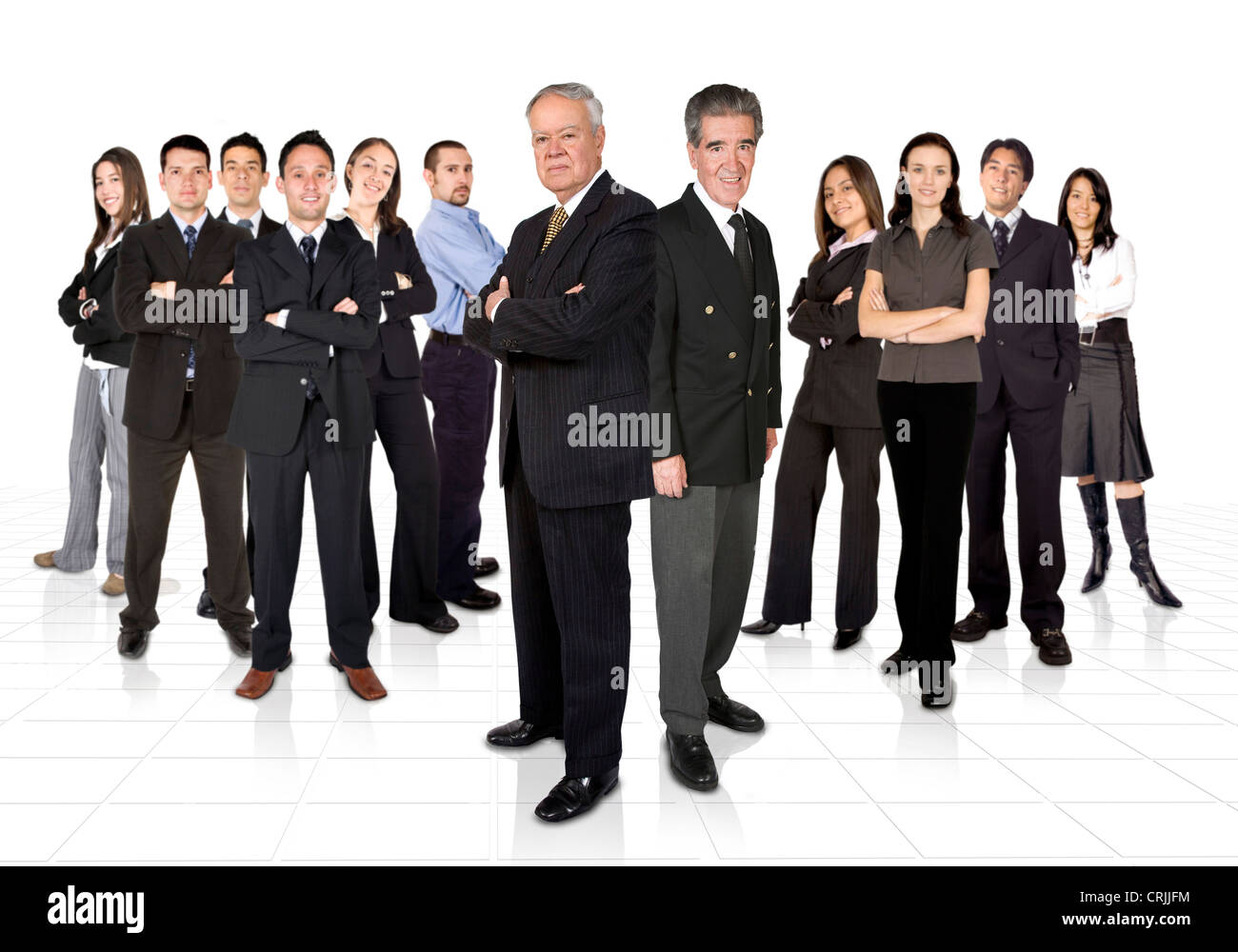 two company directors standing separately in front their split staff Stock Photo