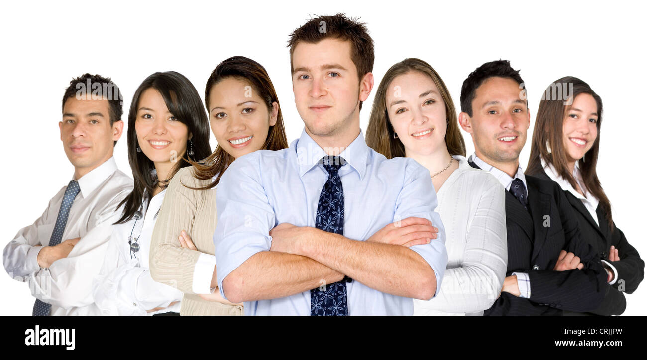 group of business people standing in v formation with the arms crossed