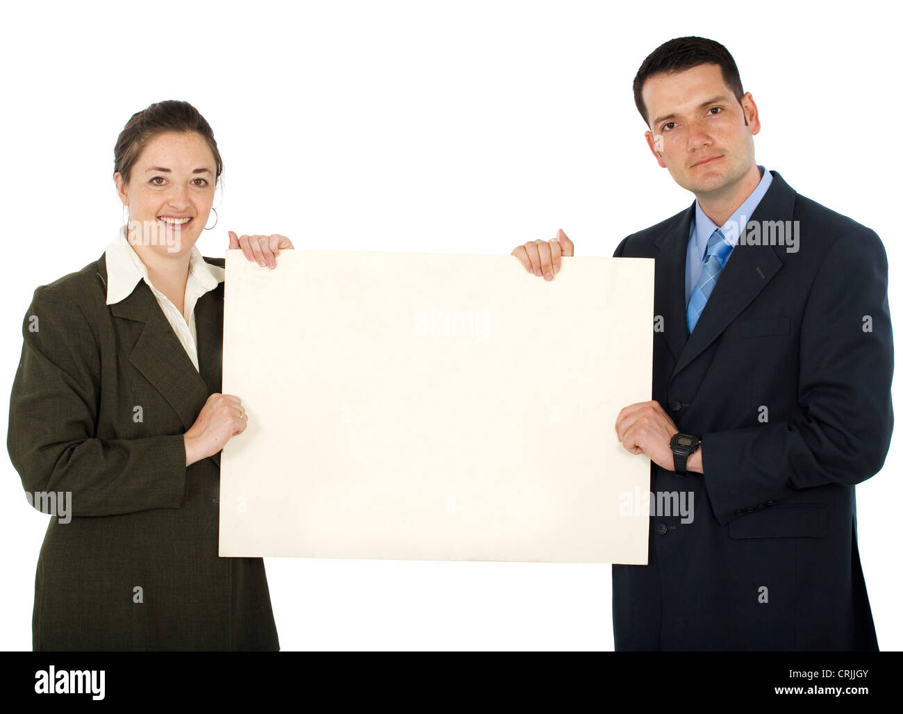 two young business people holding up a sign Stock Photo