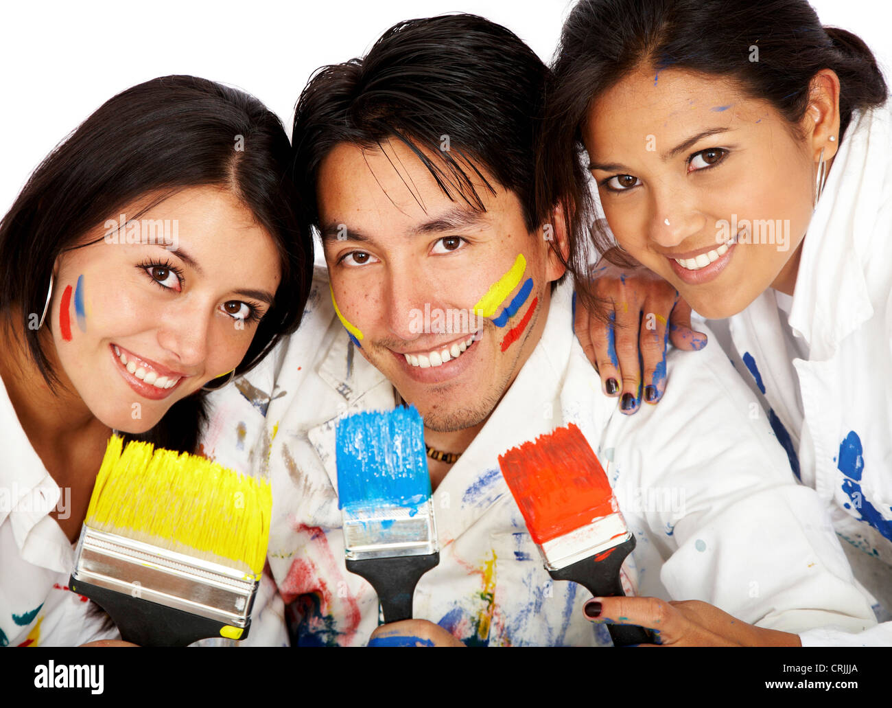 happy friends together with paint brushes Stock Photo Alamy