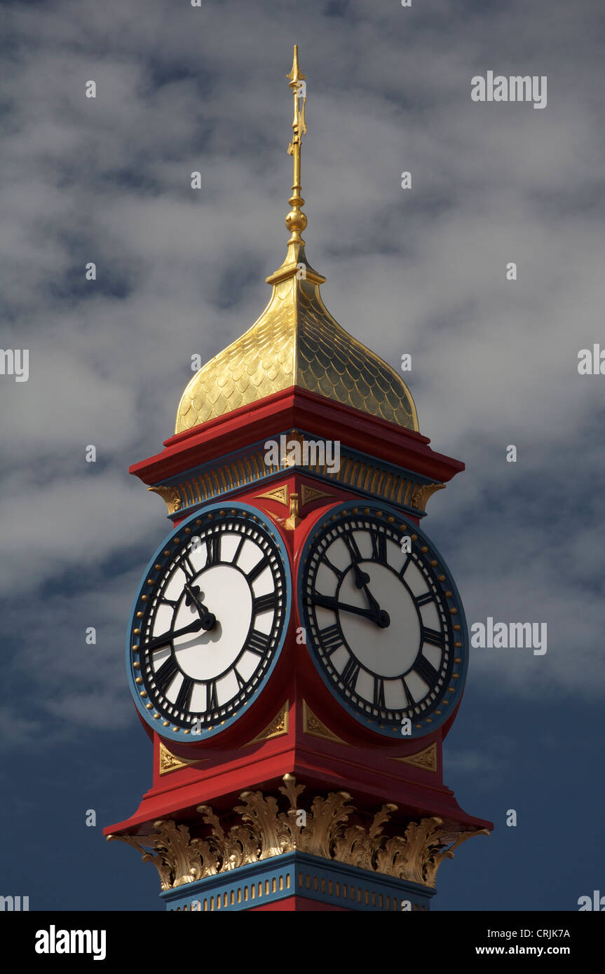 The freshly painted victorian Jubilee clock tower on Weymouth seafront was erected in 1887 to mark fifty years of Queen Victoria’s reign. Dorset, UK. Stock Photo