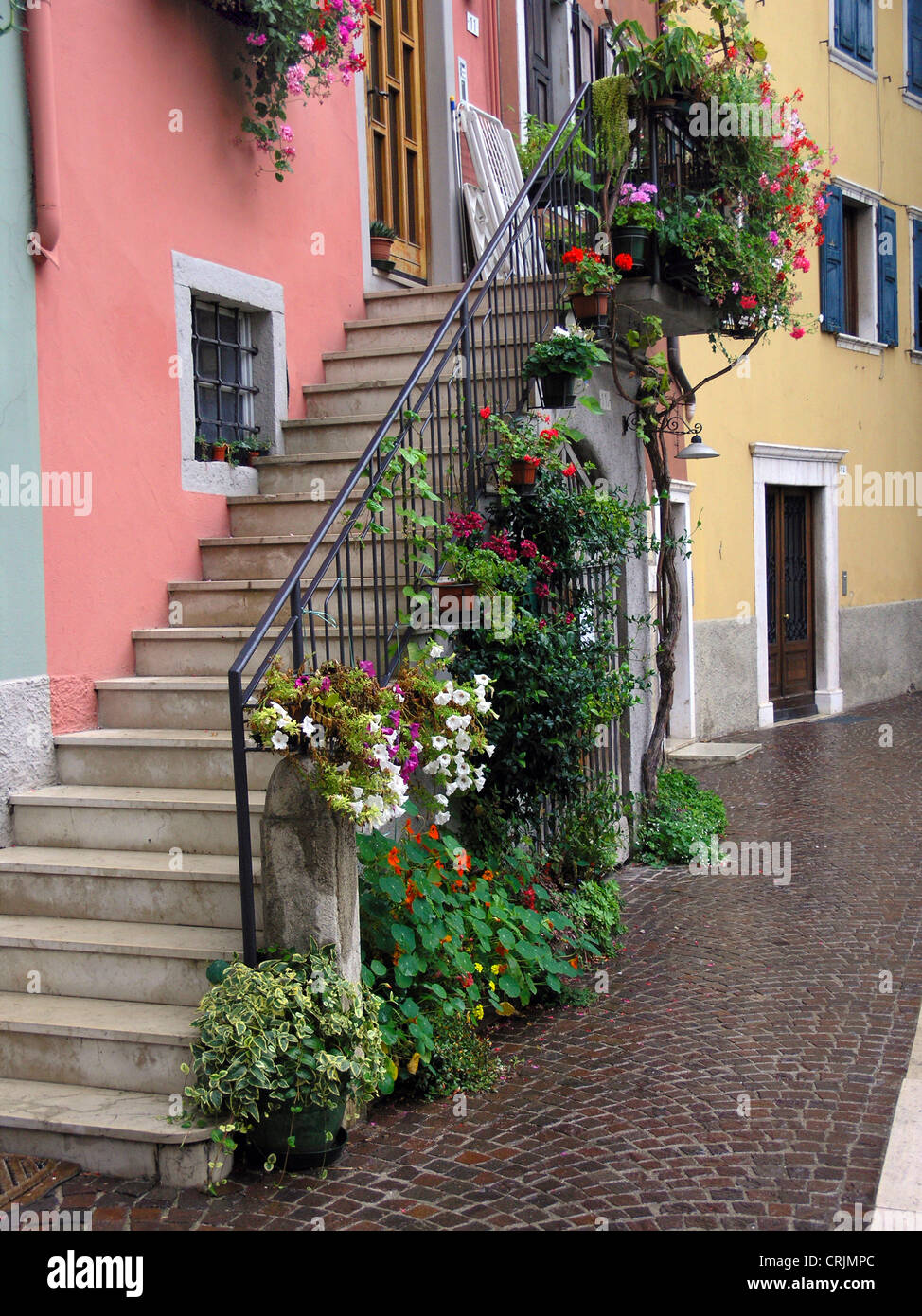 house stairs decorated with plants, Italy, Trient, Lake Garda, Torbole Stock Photo