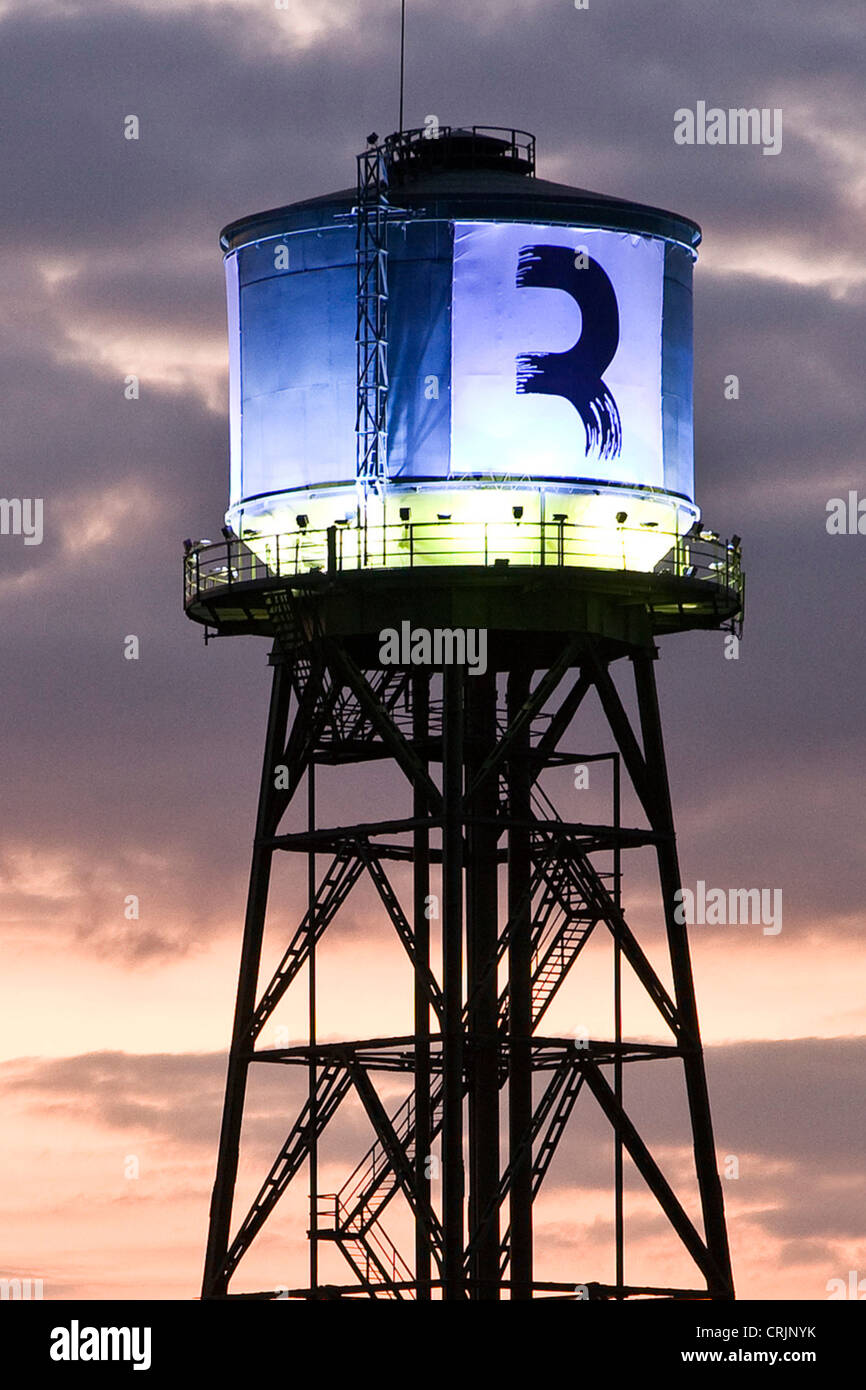 event of RuhrTriennale with the new logo at the water tower of Jahrhunderthalle Bochum, Germany, North Rhine-Westphalia, Ruhr Area, Bochum Stock Photo