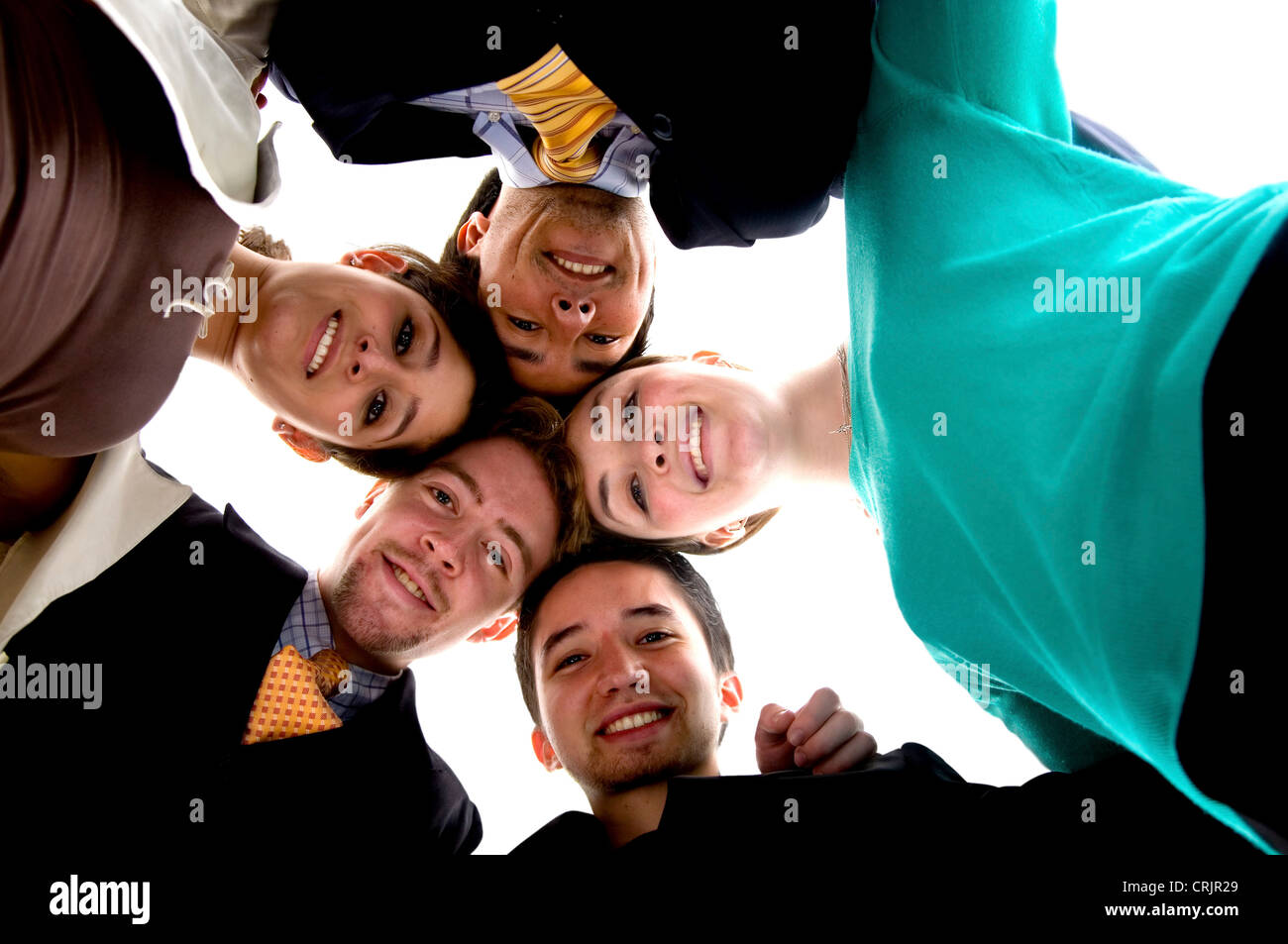 business team work in an office environment - businessmen and businesswomen with their heads together Stock Photo