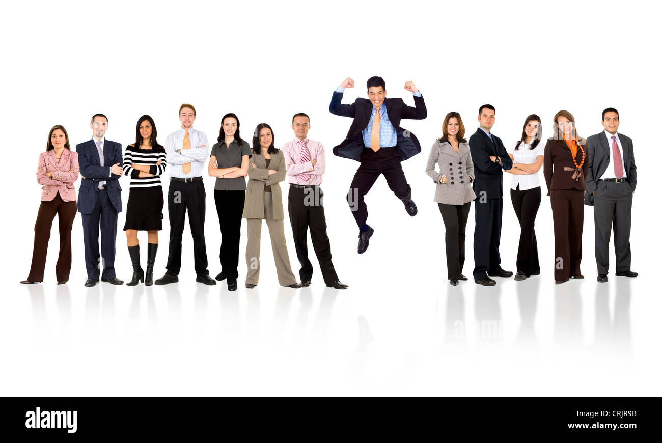 business man jumping with her business team formed of young businessmen and businesswomen standing Stock Photo