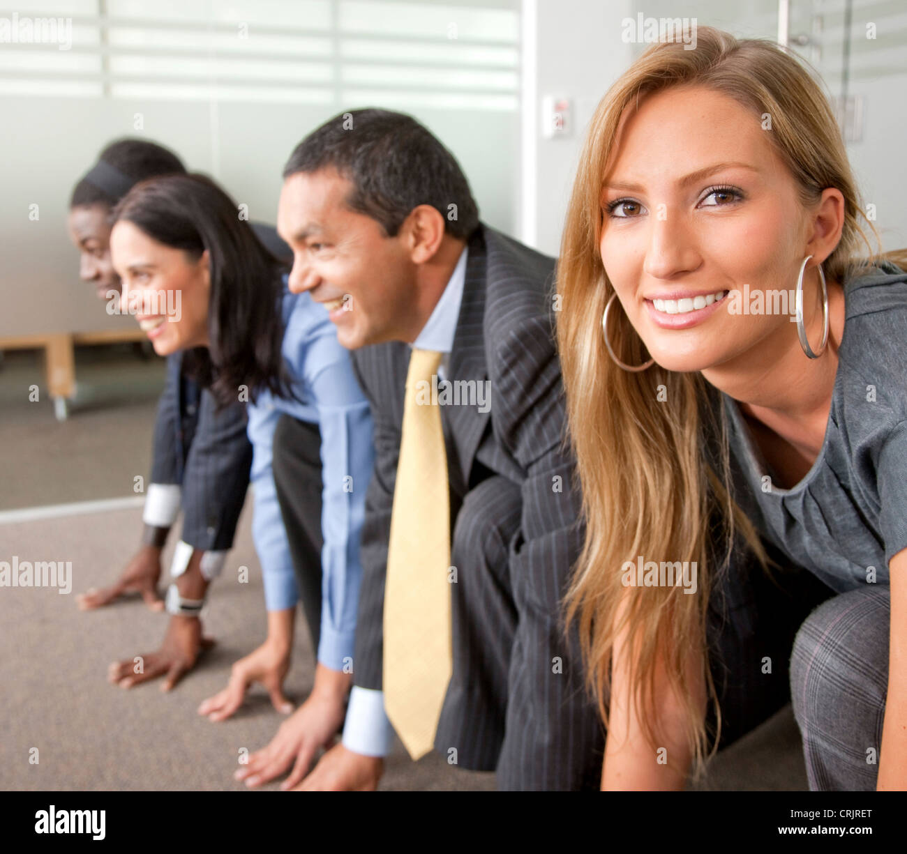 group of young business people in starting position for a race Stock Photo