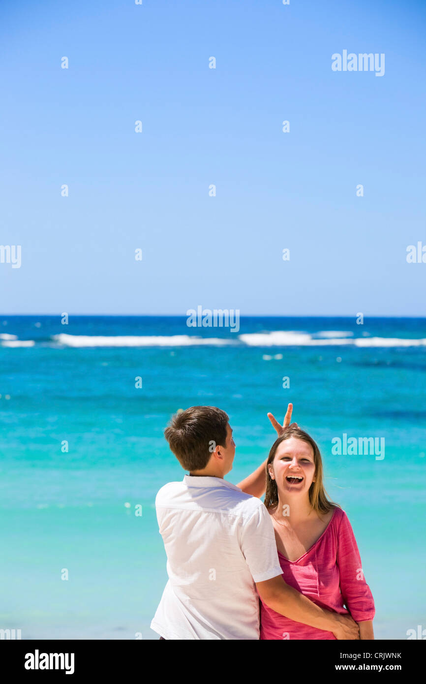 Young happy couple laughing, Maldives Stock Photo