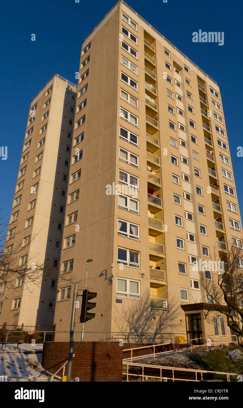 Haley Court Halifax, with Range Court and Akroyd Court, this is one of 3  blocks of flats at the bottom of Haley Hill Stock Photo - Alamy