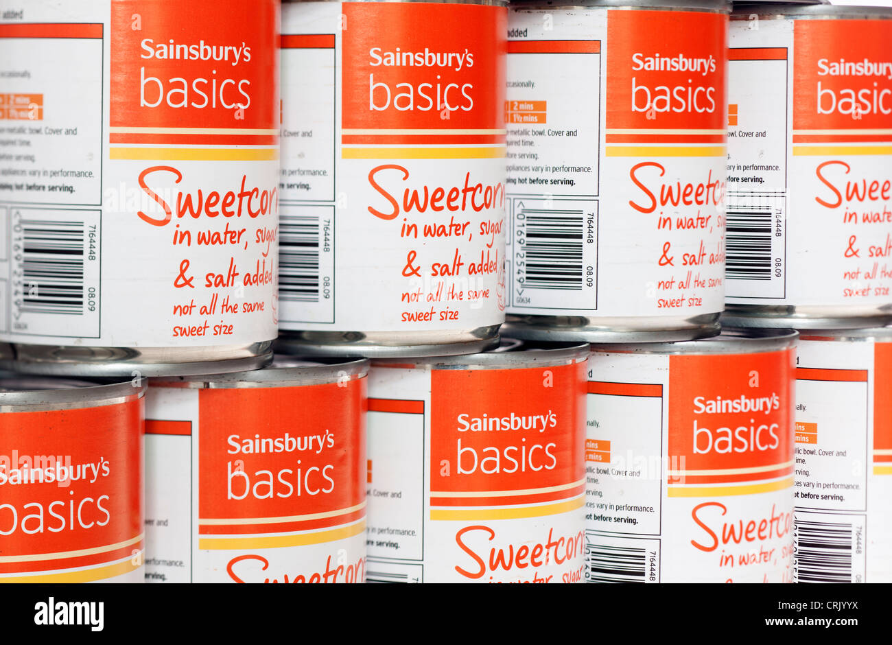 Stack of Sainsburys basics sweetcorn Stock Photo