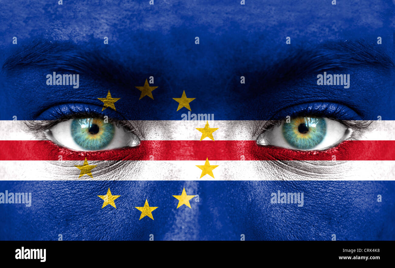 Human face painted with flag of Cape Verde Stock Photo