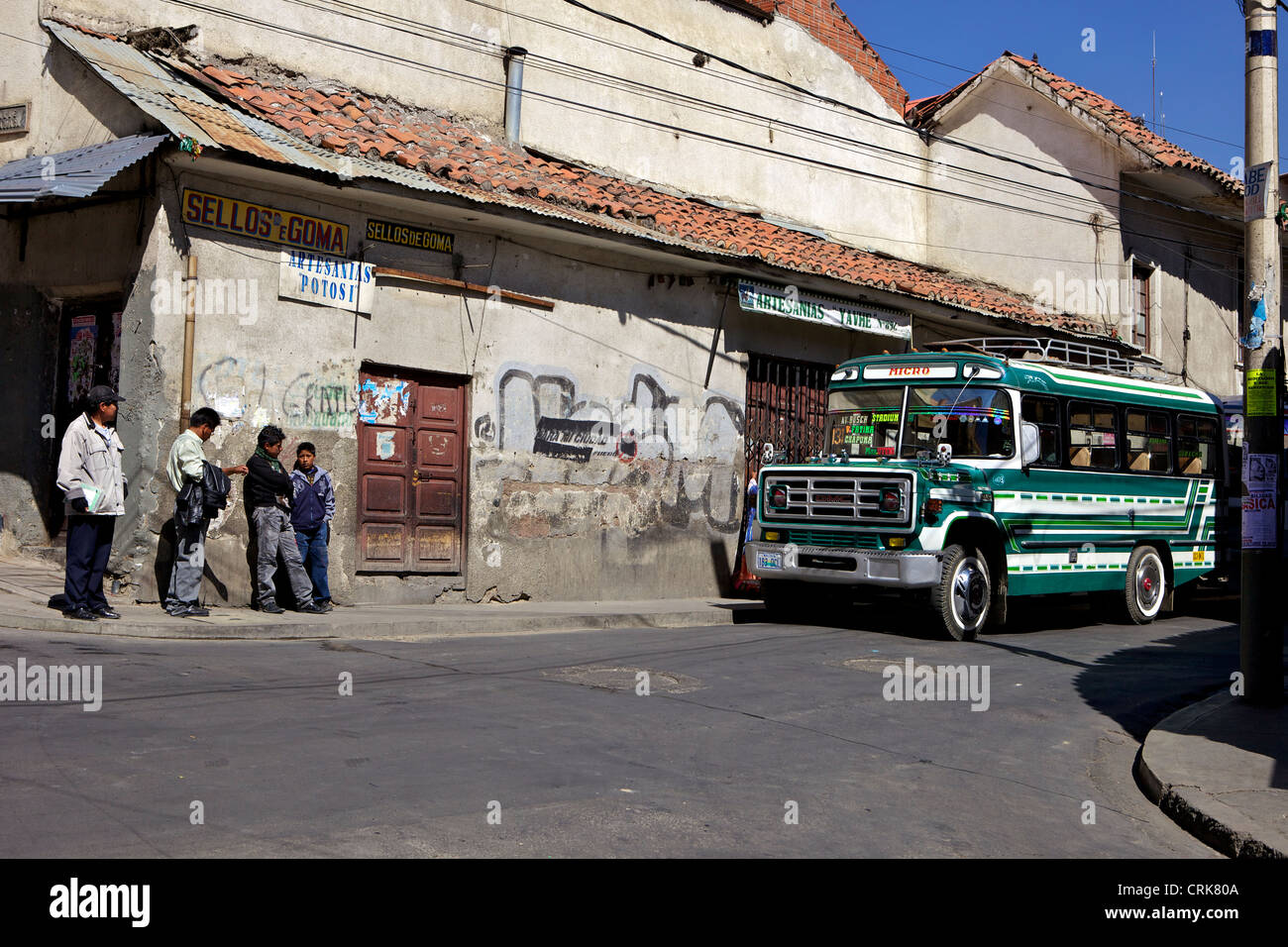 Waiting for a bus on the corner, La Paz, Bolivia, South America Stock Photo