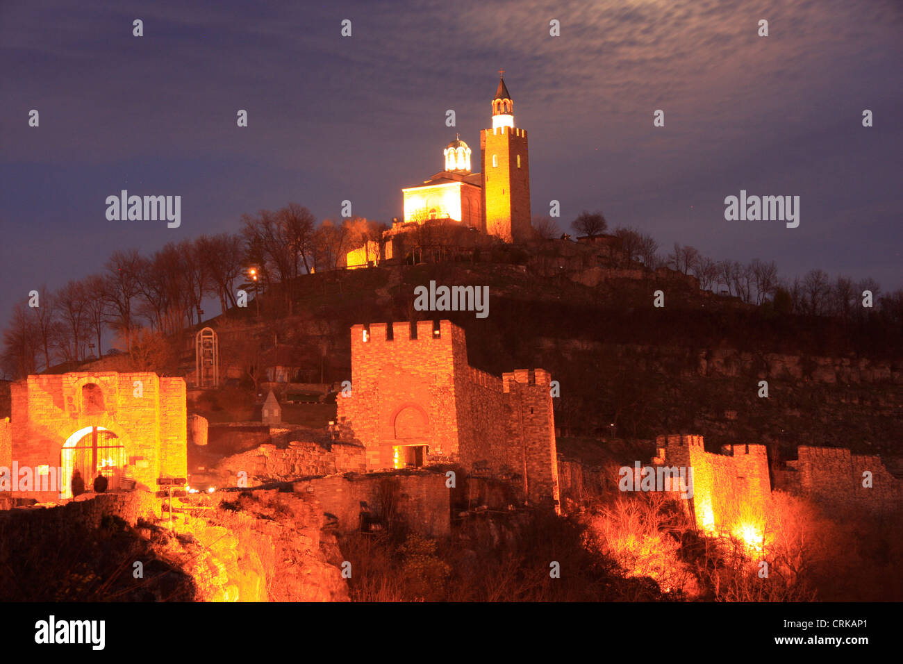 Tsarevets Medieval Fortress with lights, Veliko Tarnovo, Bulgaria Stock Photo