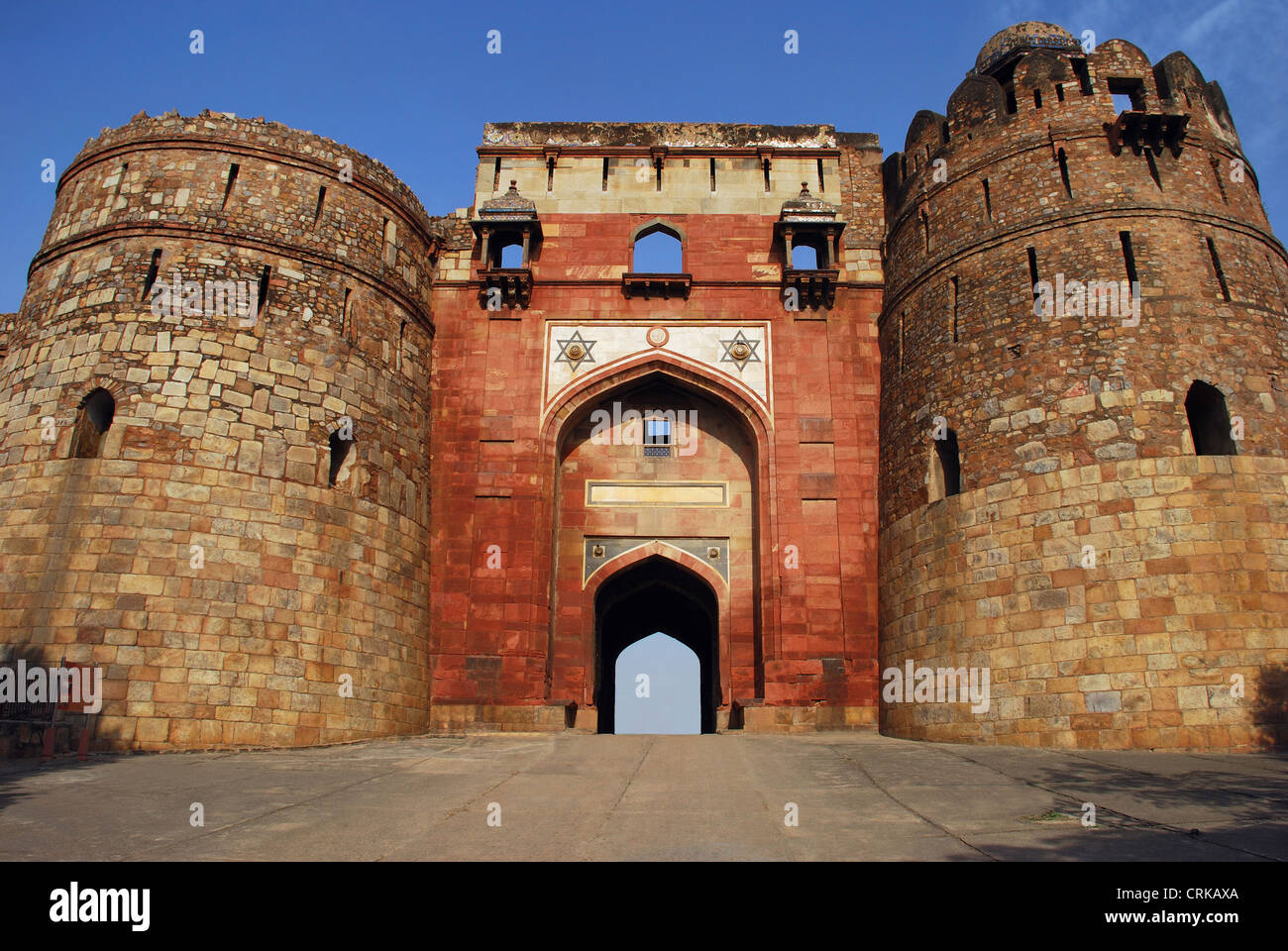 Bara Darwaja (Big Gate), double-storeyed sandstone structures flanked by two huge semi-circular bastion towers. Stock Photo