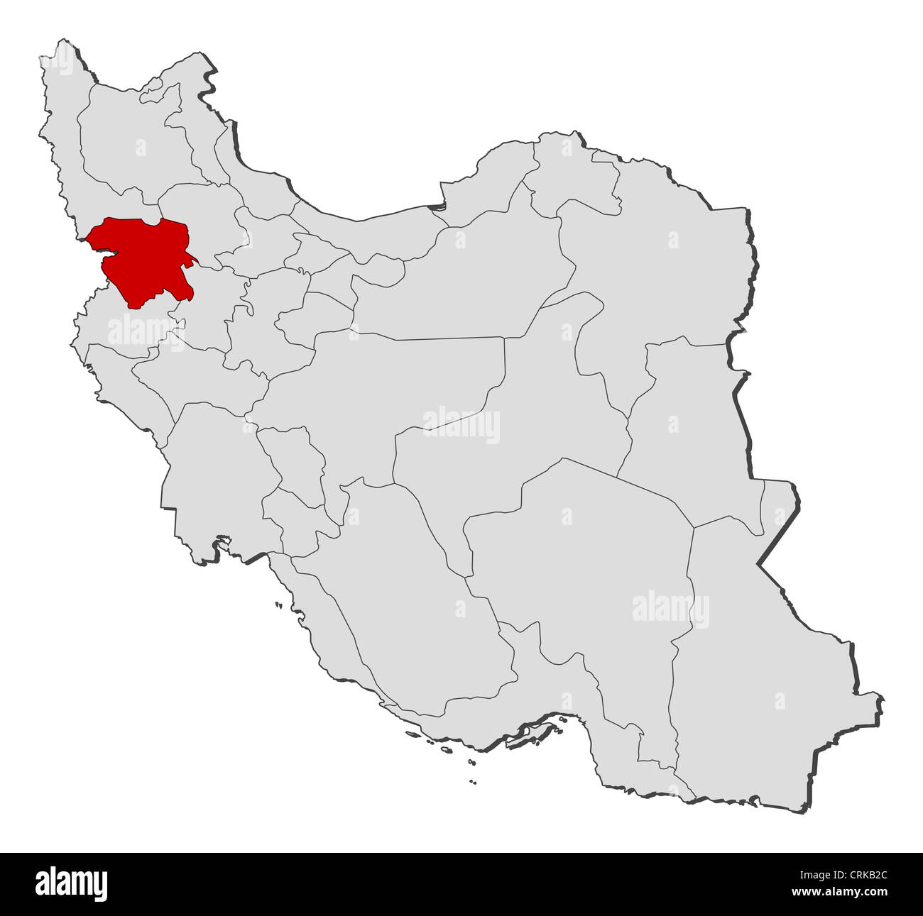 Political map of Iran with the several provinces where Kurdistan is highlighted. Stock Photo