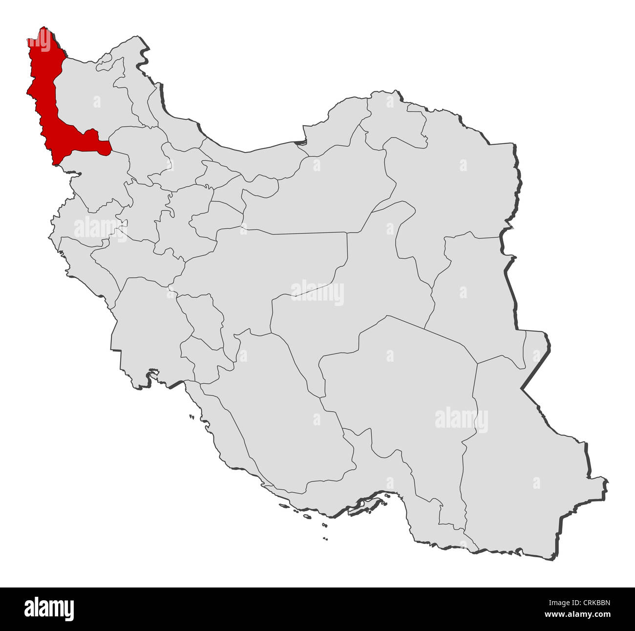 Political map of Iran with the several provinces where West Azerbaijan is highlighted. Stock Photo