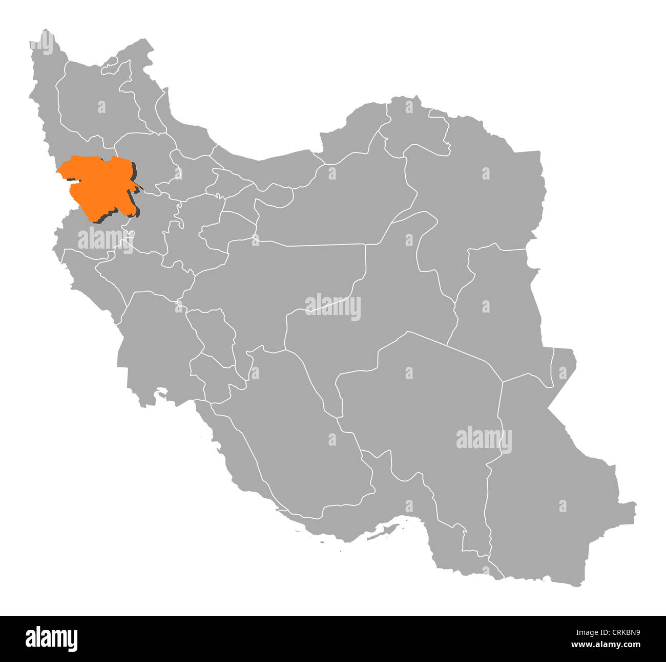 Political map of Iran with the several provinces where Kurdistan is highlighted. Stock Photo