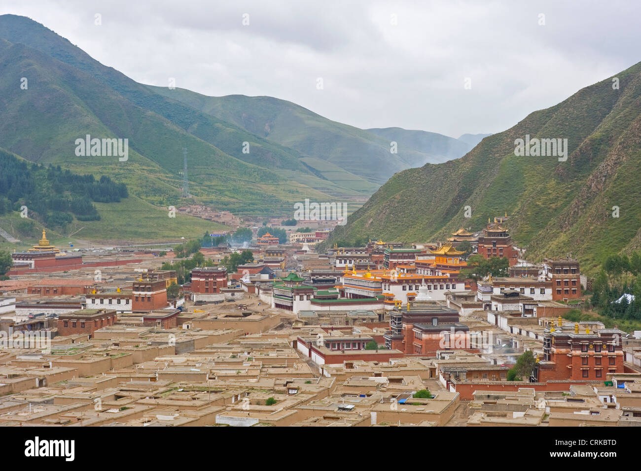 A wide angle aerial view of the Labrang Monastery complex in Xiahe. Stock Photo