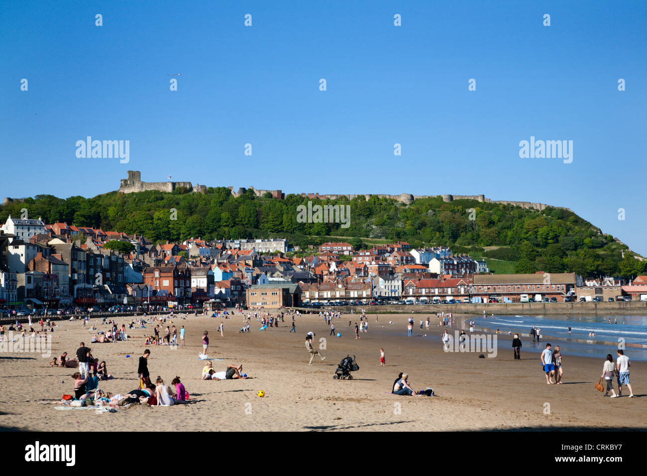 Busy South Sands and Castle Hill Scarborough North Yorkshire England Stock Photo