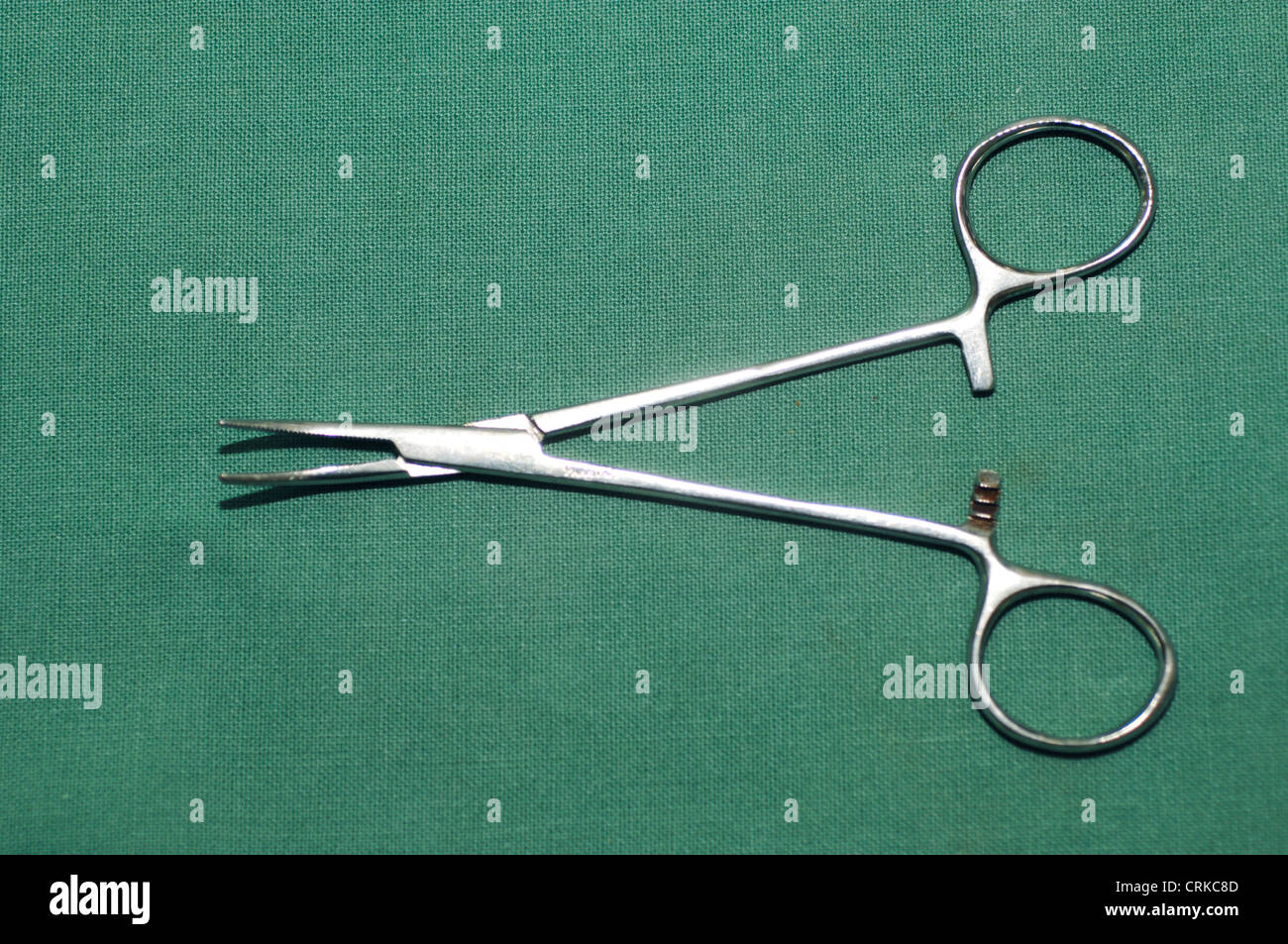 Artery forceps are used to compress an artery to forestall bleeding. Stock Photo