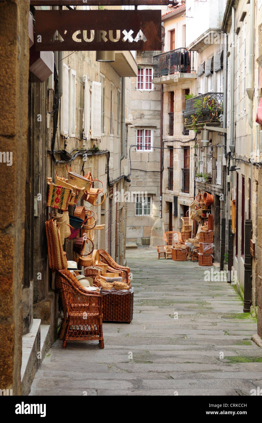Traditional wicker baskets in Rua Cesteiros. Downtown Vigo, Galicia, Spain. Stock Photo