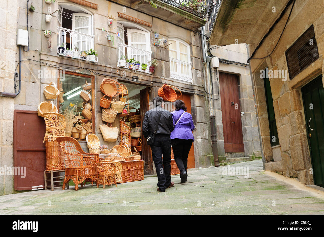 Traditional wicker baskets in Rua Cesteiros. Downtown Vigo, Galicia, Spain. Stock Photo