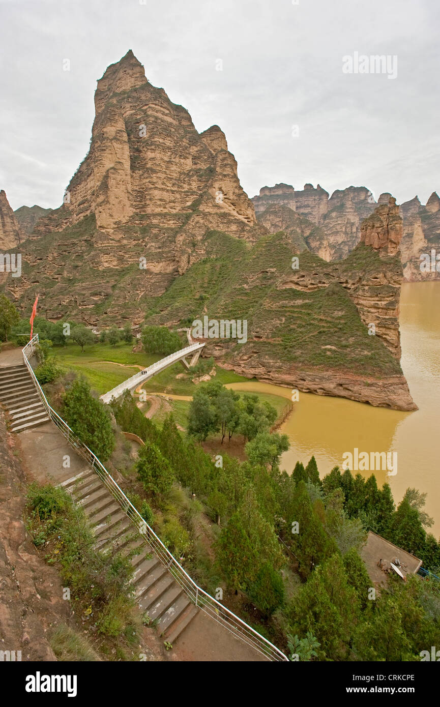 The magnificent rugged scenery where the Bingling Grottoes are located on the Yellow river. Stock Photo