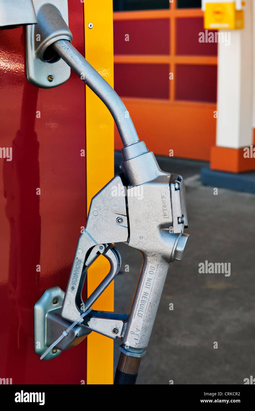 Closeup of gas pump at restored retro filling station in downtown Aberdeen, Washington. Stock Photo