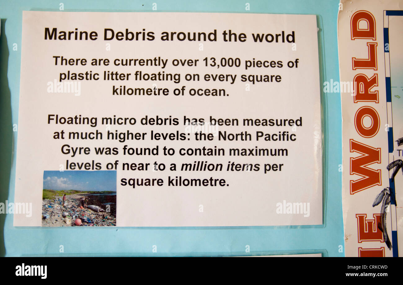 Info about marine debris on the Isle of Eigg, Scotland, UK. Stock Photo