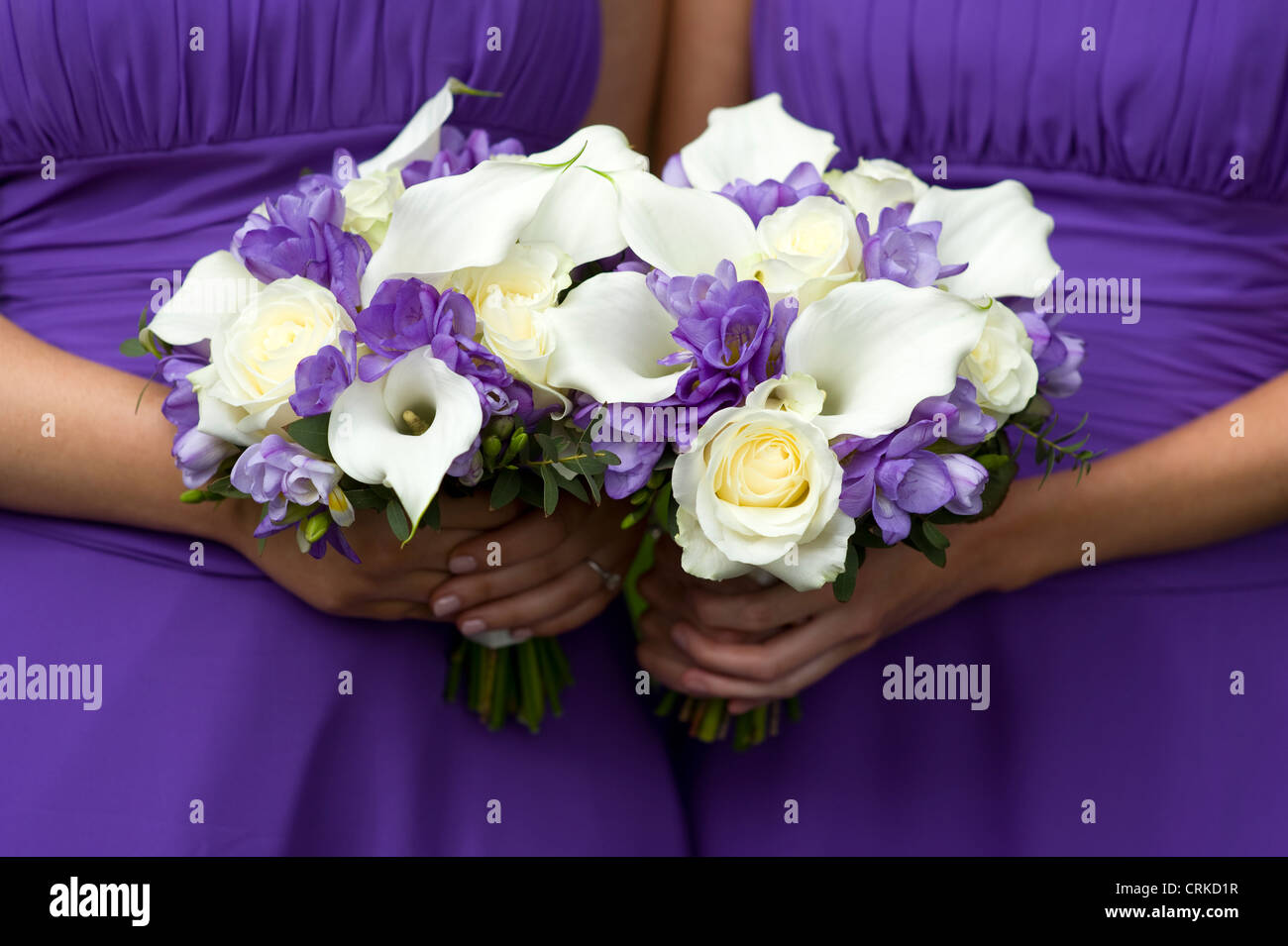 Two Bridesmaids In Purple With Wedding Bouquets Of Roses Lilies And Stock Photo Alamy