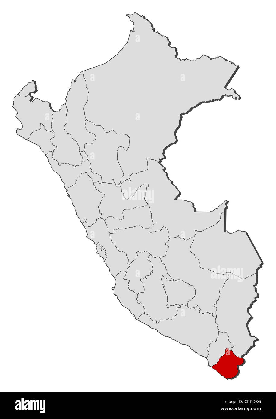 Political map of Peru with the several regions where Tacna is highlighted. Stock Photo