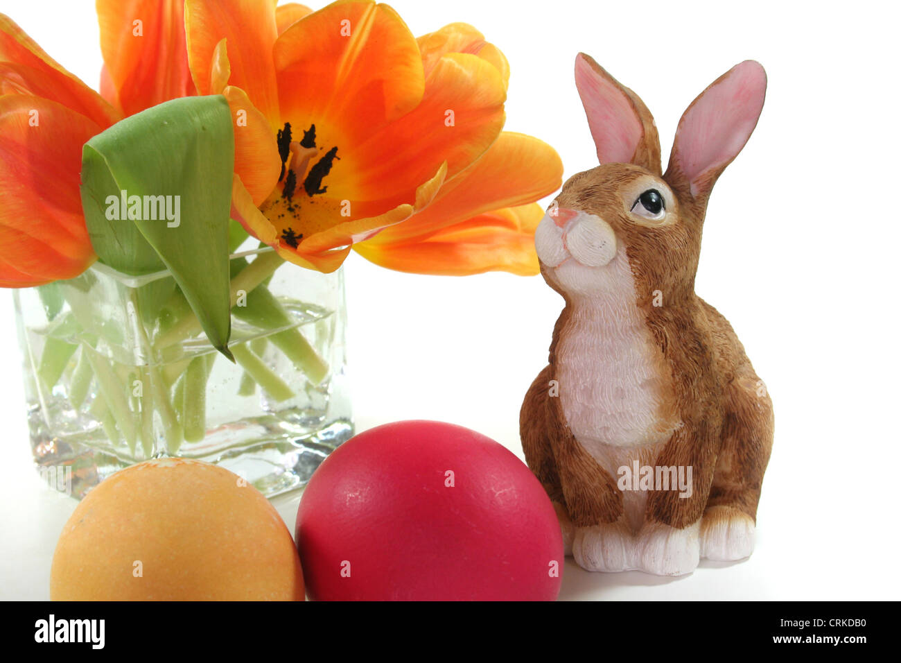 Easter bunny with Easter eggs and tulips on a light background Stock ...