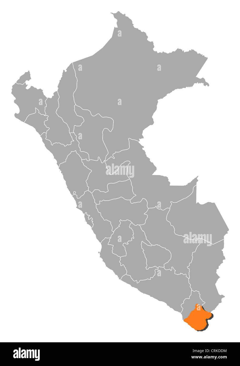 Political map of Peru with the several regions where Tacna is highlighted. Stock Photo