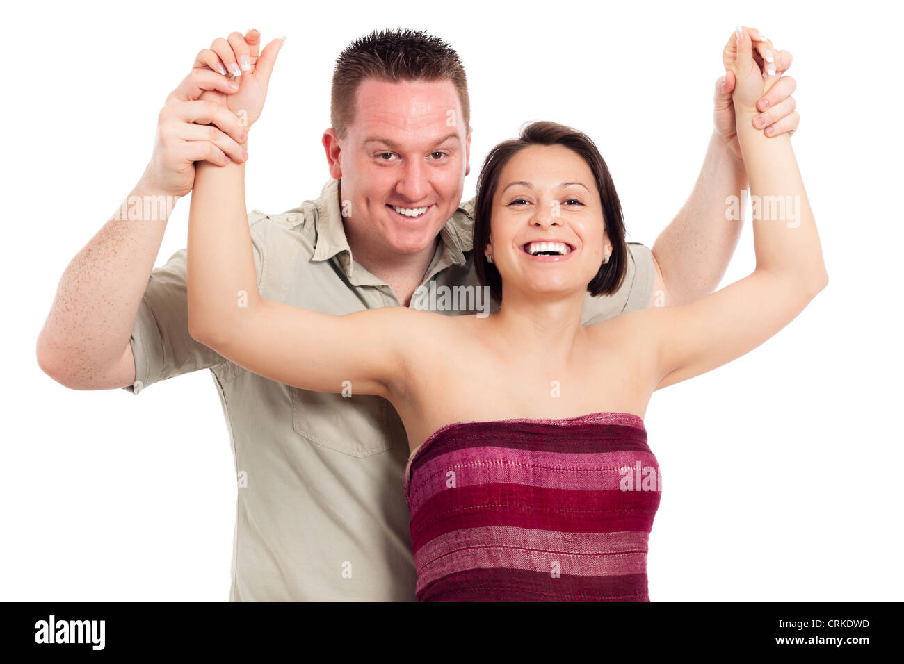 Portrait of young happy smiling couple, isolated on white background ...