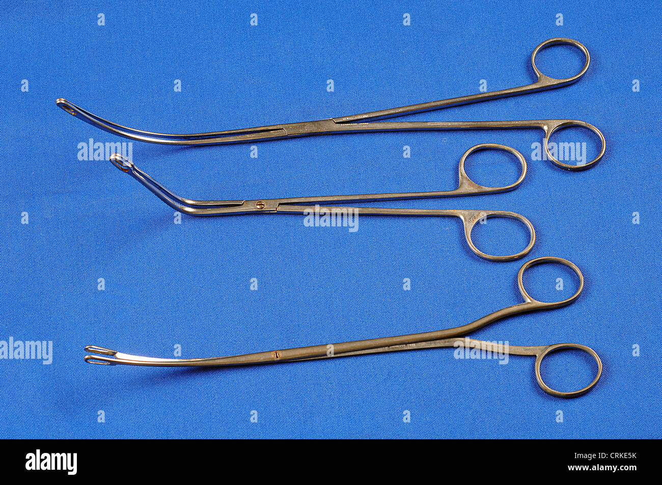 A range of gallstone forceps. From the top: Blake, Mixter, Desjardins. Stock Photo