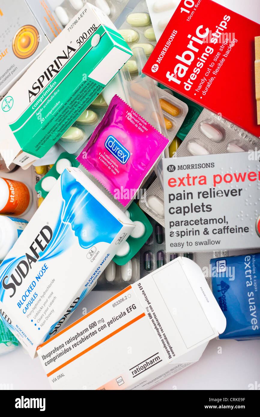 Heap of medical supplies, packages of pills, tablets, capsules. Stock Photo