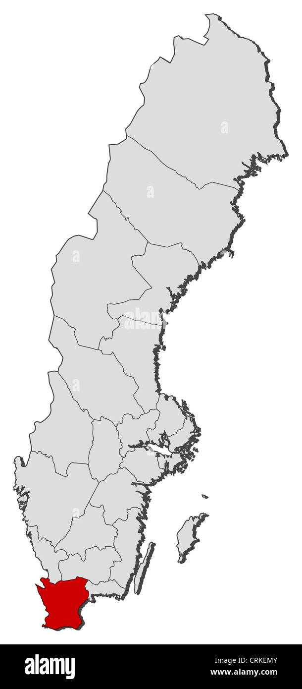 Political map of Sweden with the several provinces where Skane County is highlighted. Stock Photo