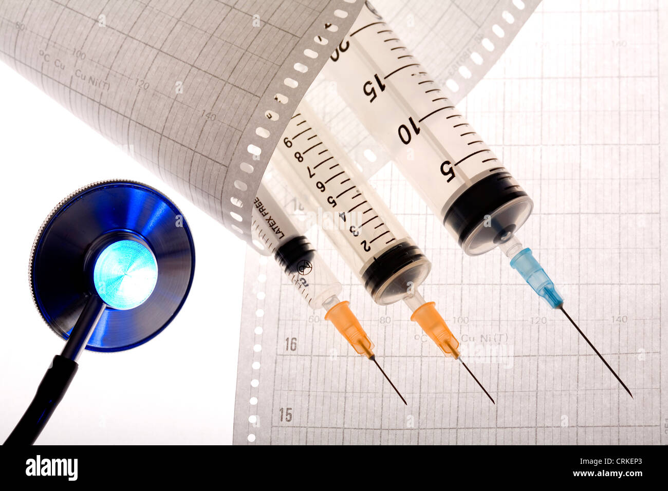 A stethoscope and injections lying on an electrocardiogram readout ...