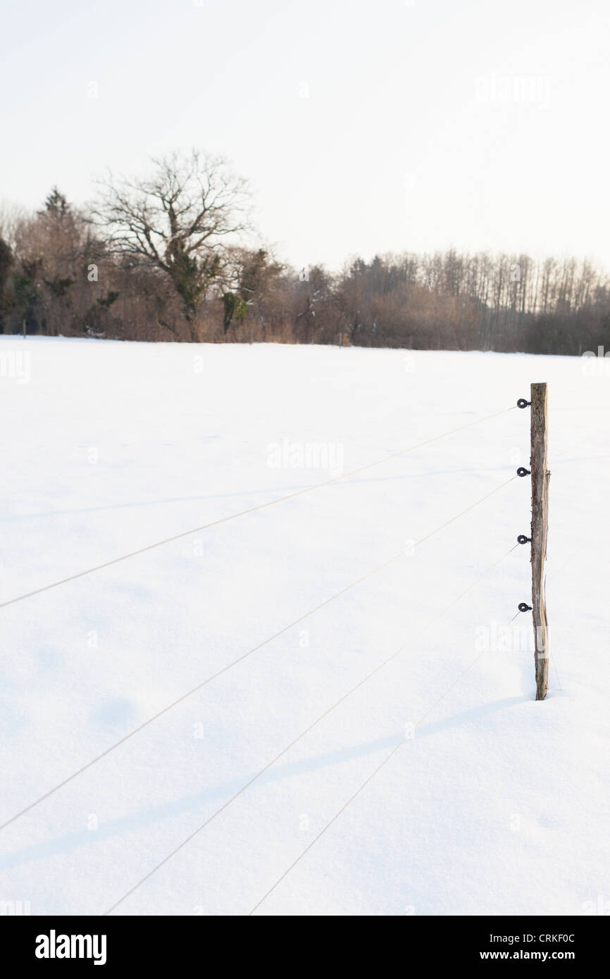 Fence post in snowy field Stock Photo - Alamy