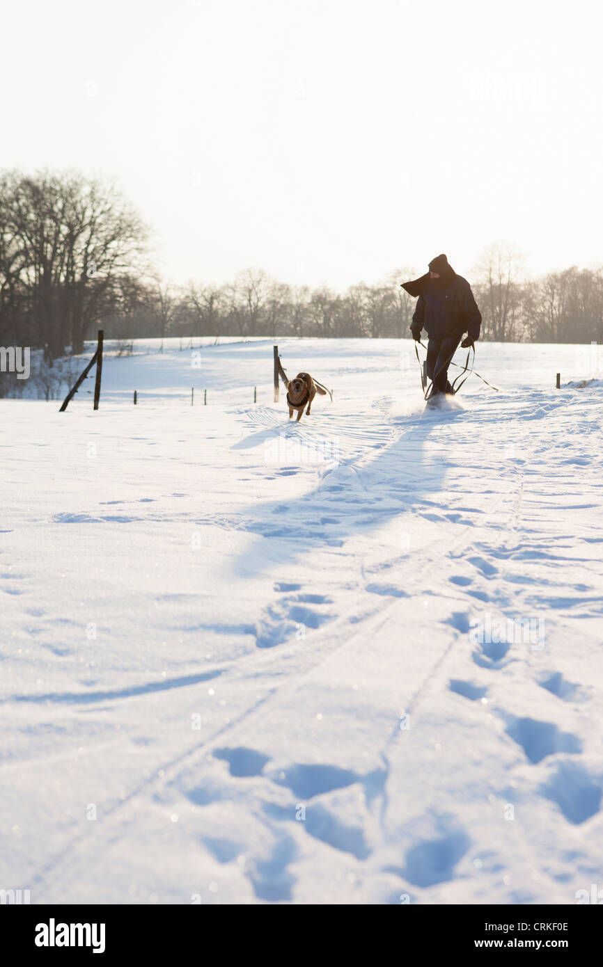 Man walking dog in snowy field Stock Photo - Alamy