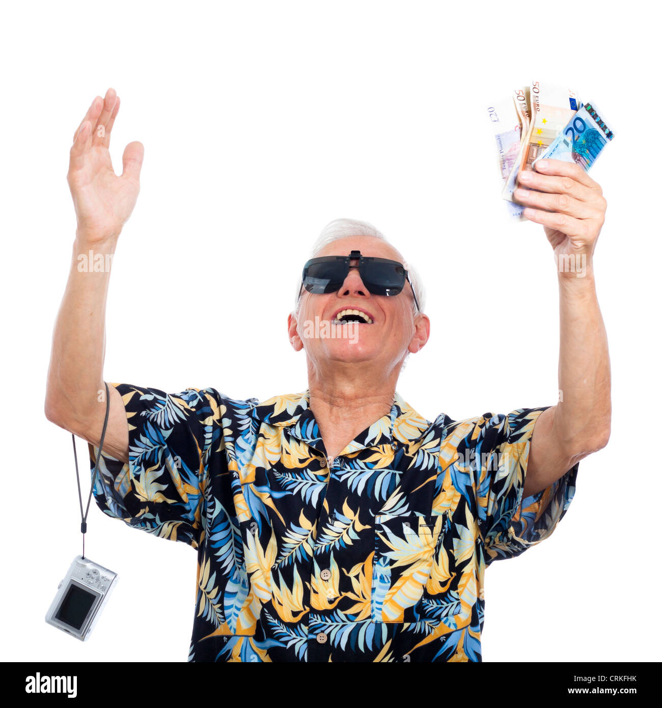 Satisfied happy rich senior man with money, isolated on white background. Stock Photo