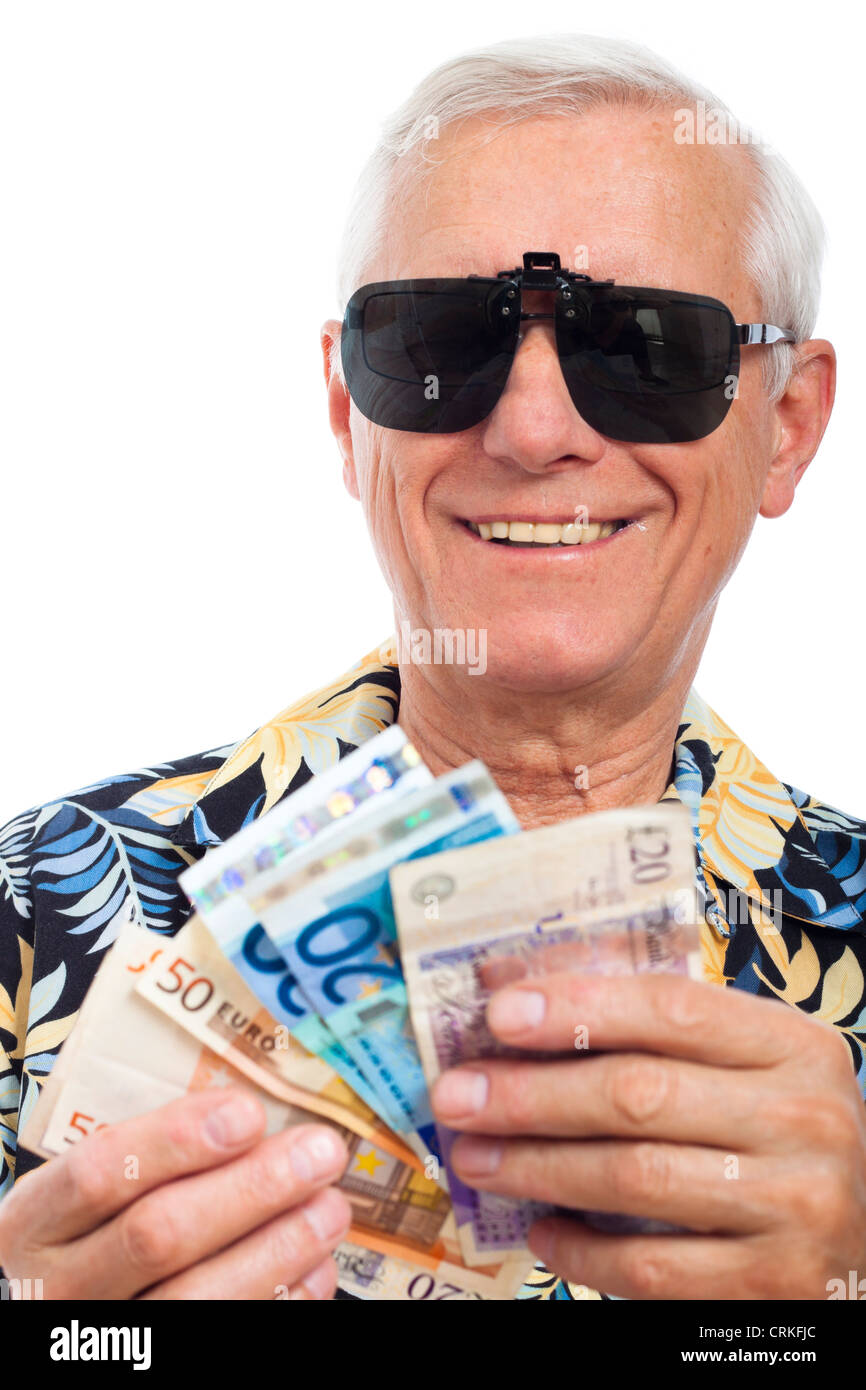 Happy rich elderly man with money, isolated on white background. Stock Photo