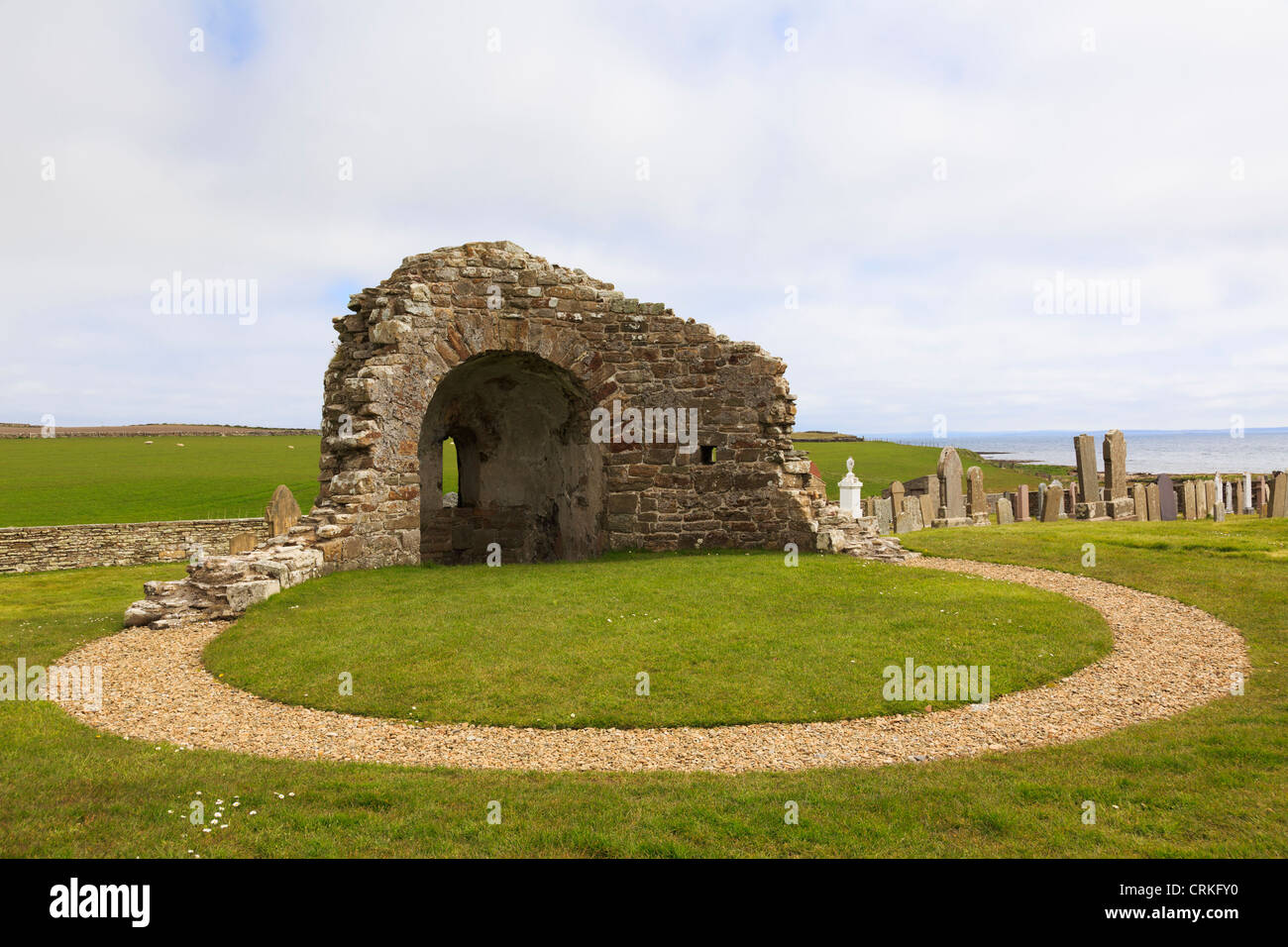Ruins of 12th century Round Kirk (church of St Nicholas) at Orphir, Orkney Islands, Scotland, UK. Stock Photo