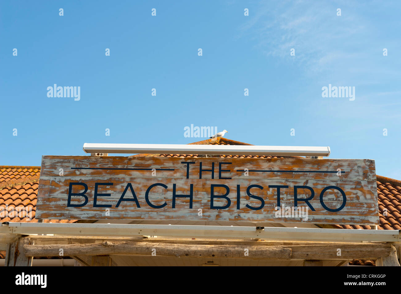 The sign to the restaurant at the Gallivant Hotel in Camber Sands, East Sussex, UK Stock Photo