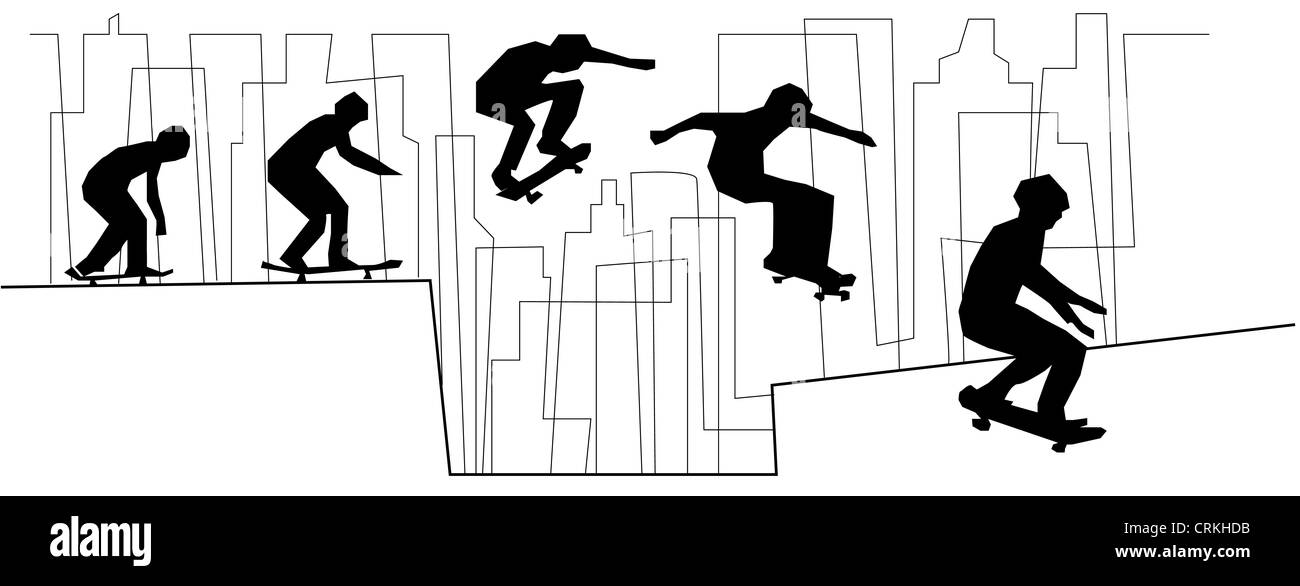 a time lapse of young man performing a skate jump in a city obstacle. Silhouette illustration and outline background. Stock Photo